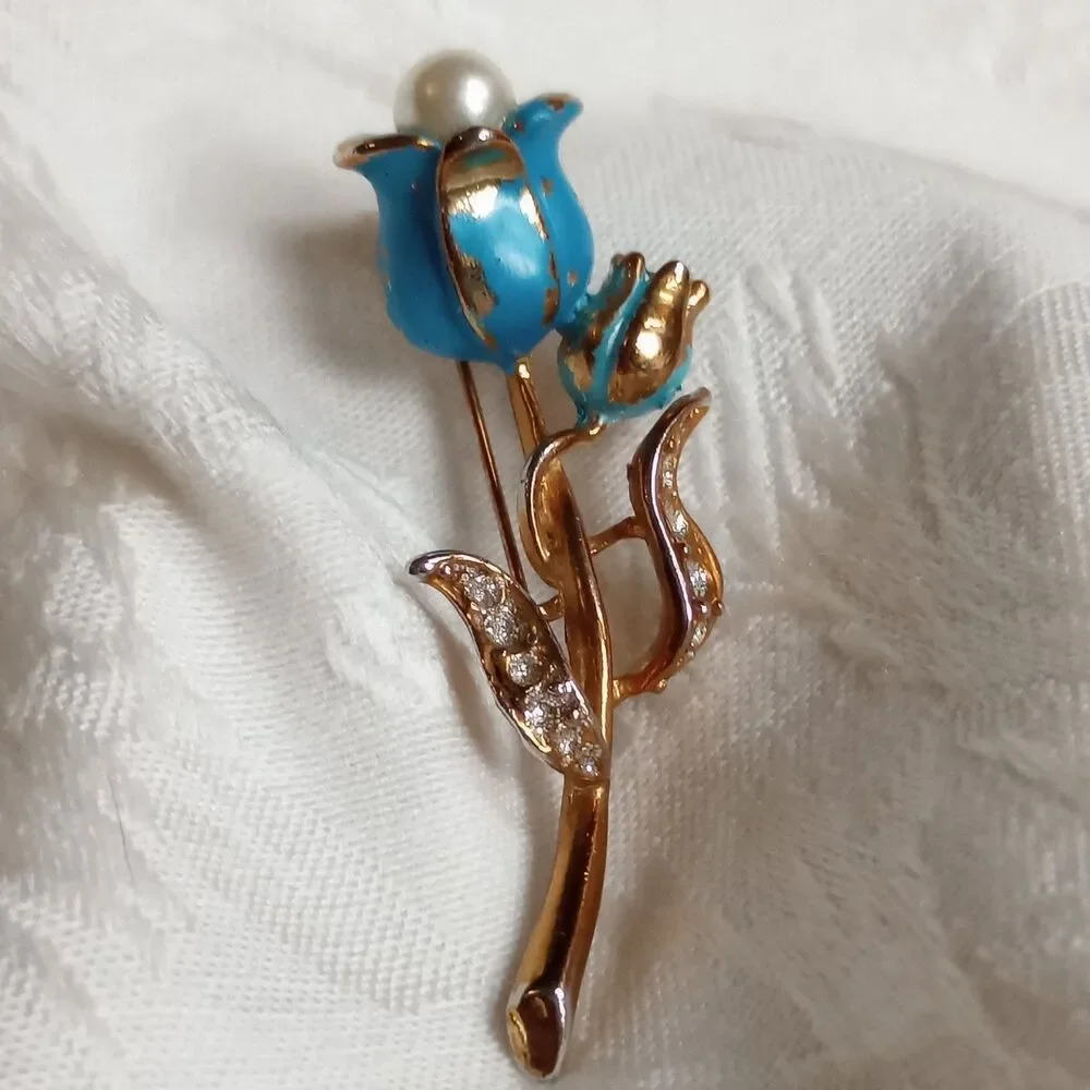 Enameled Teal Vintage Tulip Flower Brooch, Rhinestones faux pearl pot metal 2.5